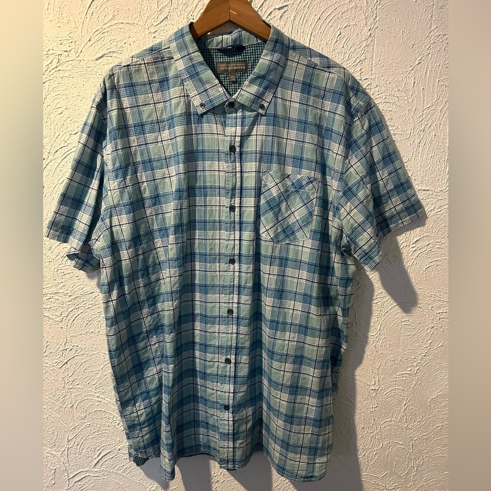Men’s Denver Hayes Turquoise Plaid Short Sleeve Button Down Shirt - 2XL